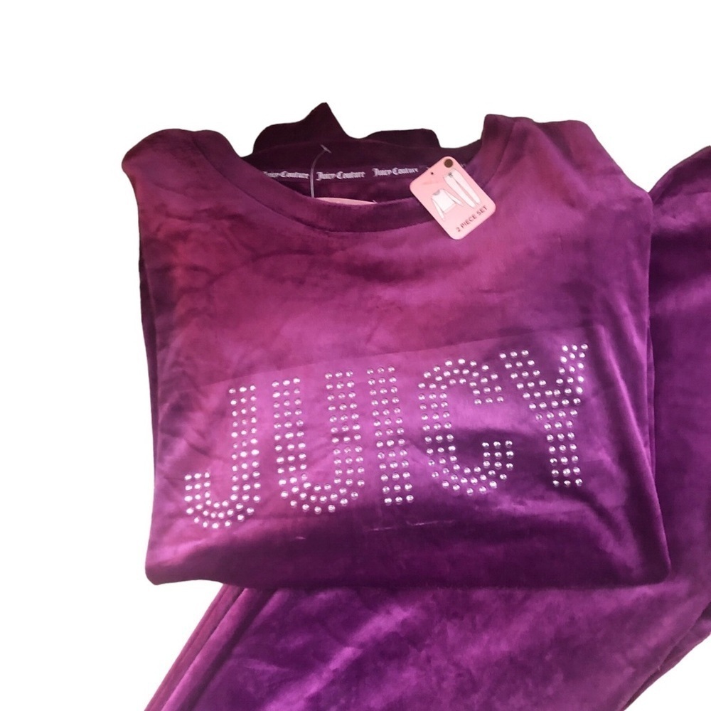 Juicy Couture Soft Velvet Bling Top & Jogger Lounge Set Sz L Purple Embellished - Picture 6 of 7